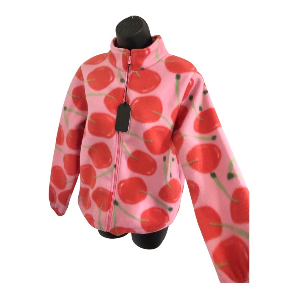 Oversized red cherry printed zip front pink fleece jacket size small brand new